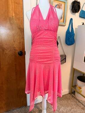 Y2K Taboo Pink Glitter Halter Dress Ruched Fairy Handkerchief Hem Medium